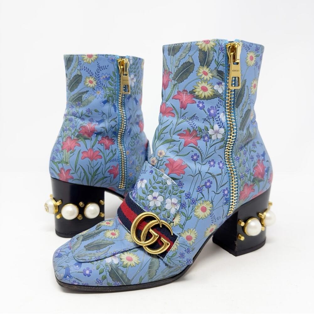 Gucci Peyton Flora Pearl GG Web Stripe Ankle Boots Womens Size EU 37 - Picture 2 of 14